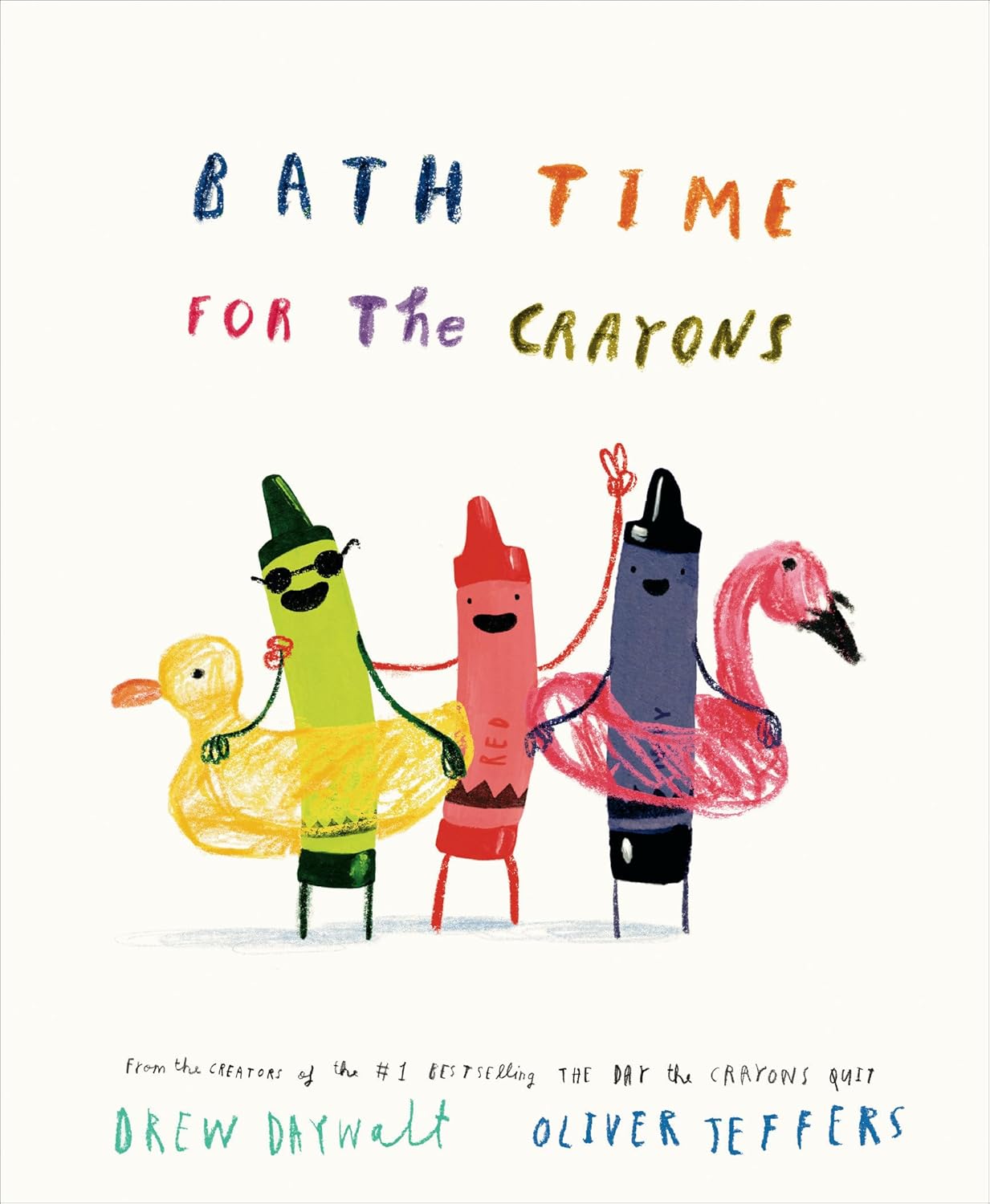 Book cover of 'Bath Time for the Crayons' with colorful crayon characters on a white background.