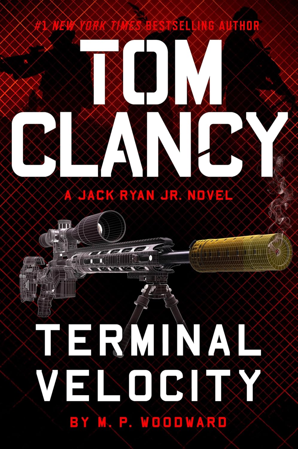 Book cover of 'Terminal Velocity' by M.P. Woodward featuring Tom Clancy's name and a sniper rifle.