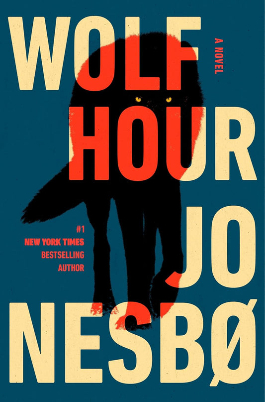 Book cover of 'Wolf Hour' by Jo Nesbø with a silhouette of a person and red overlay on a blue background.