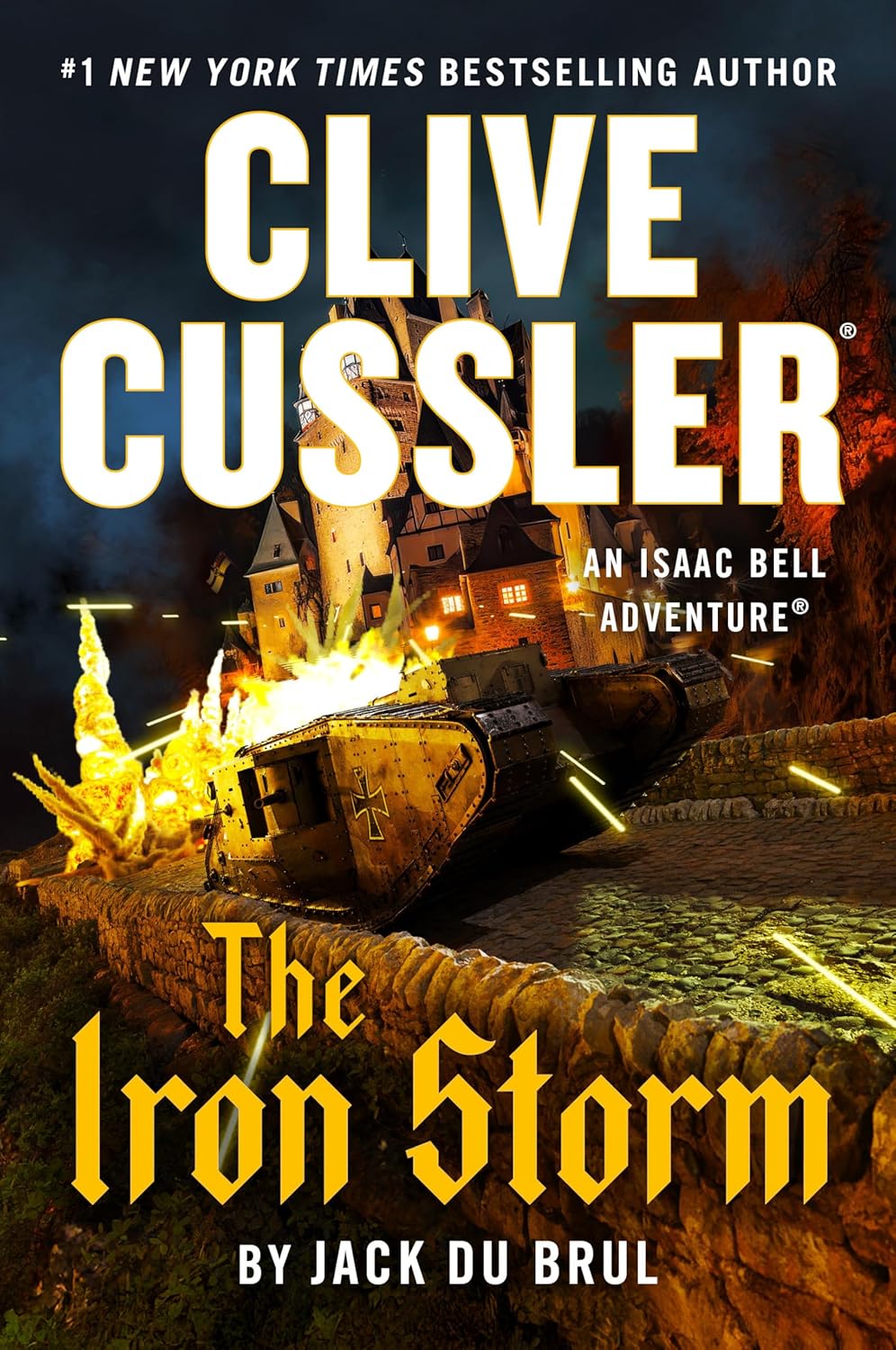 Book cover of 'The Iron Storm' by Clive Cussler and Jack Du Brul with a fiery scene and text.