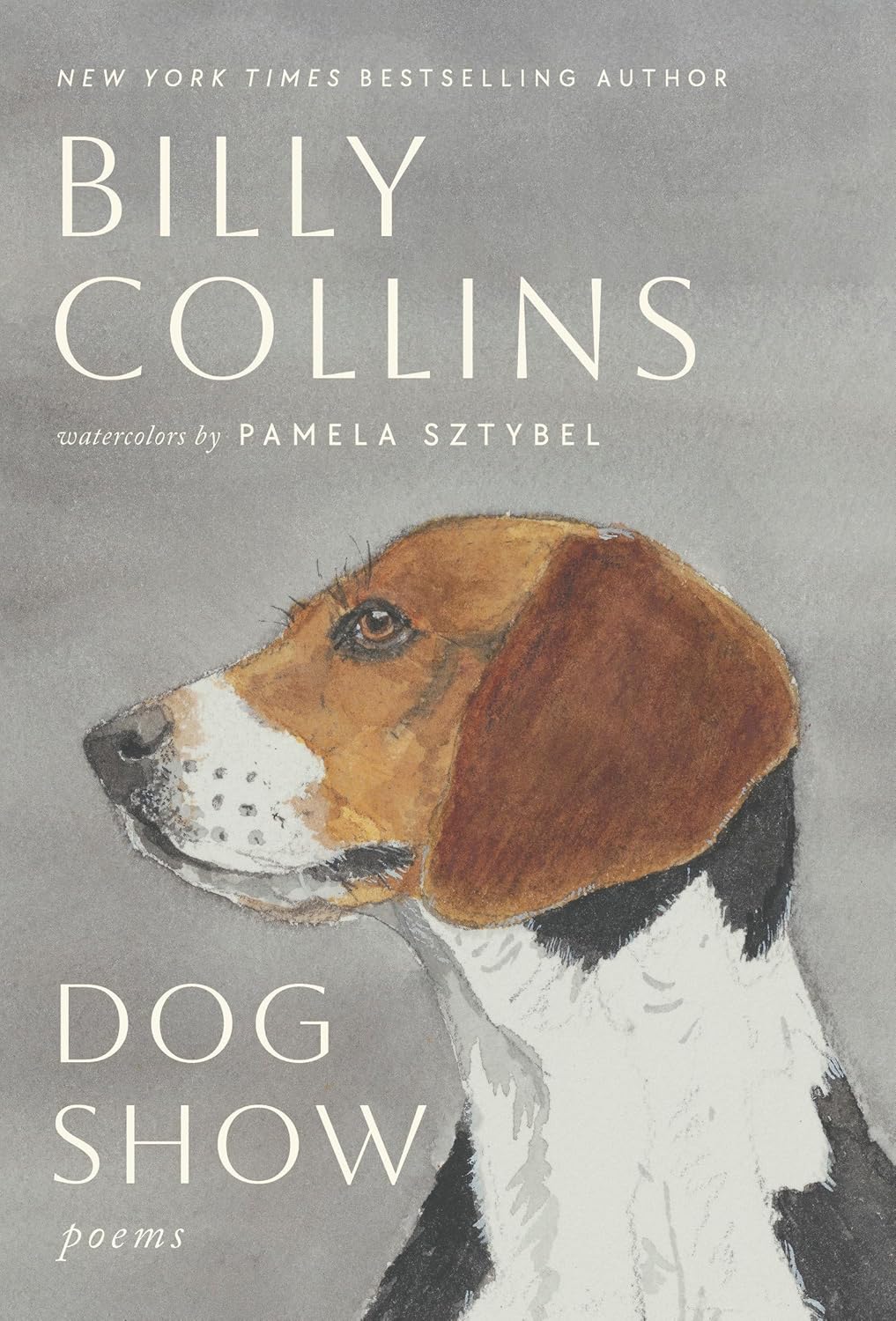 Book cover of 'Dog Show' by Billy Collins with a dog illustration on a gray background