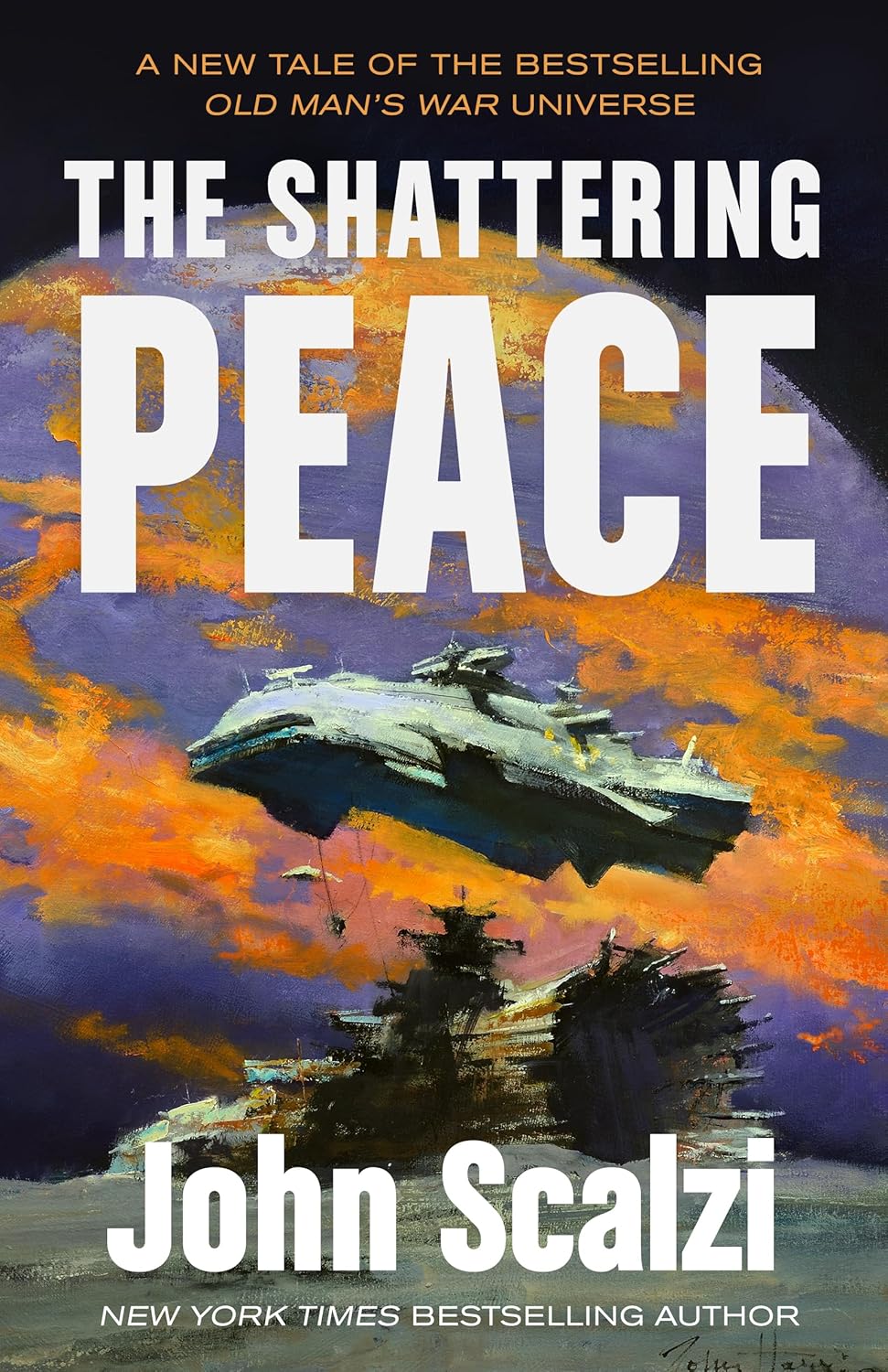 Book cover of 'The Shattering Peace' by John Scalzi with a spaceship and colorful background.