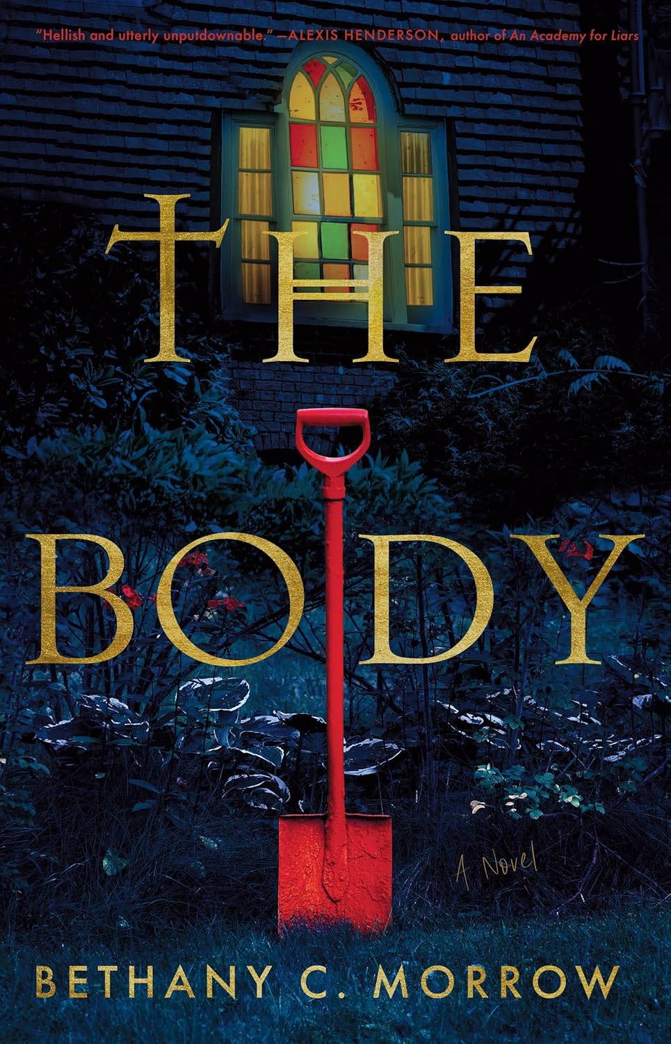 Book cover of 'The Body' by Bethany C. Morrow with a red shovel and stained glass window design.