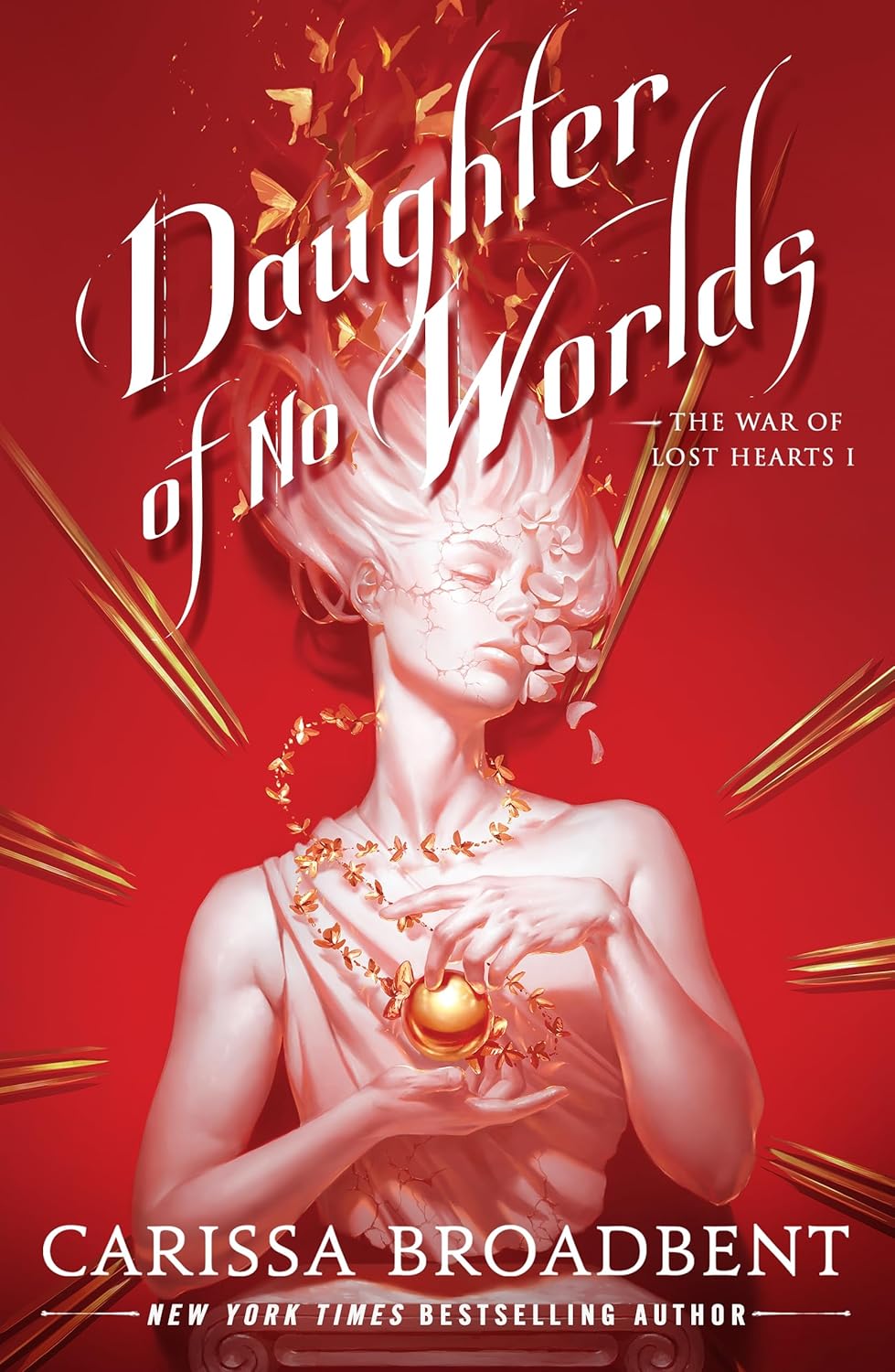 Book cover of 'Daughter of No Worlds' with a woman holding a heart and gold accents on a red background.