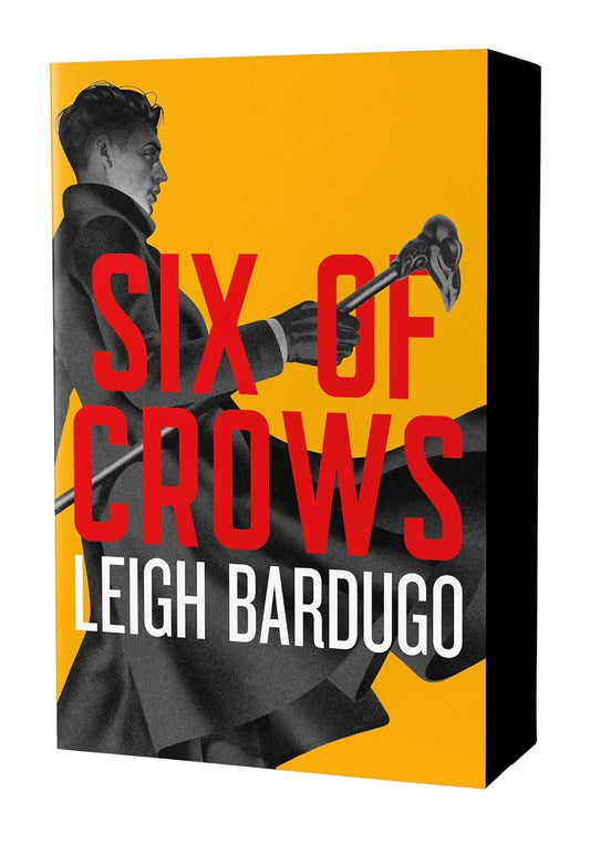 Book cover of 'Six of Crows' by Leigh Bardugo with a person holding a weapon on a yellow background.