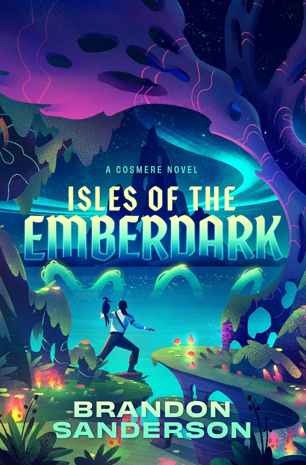Book cover of 'Isles of the Emberdark' by Brandon Sanderson with a futuristic forest design.