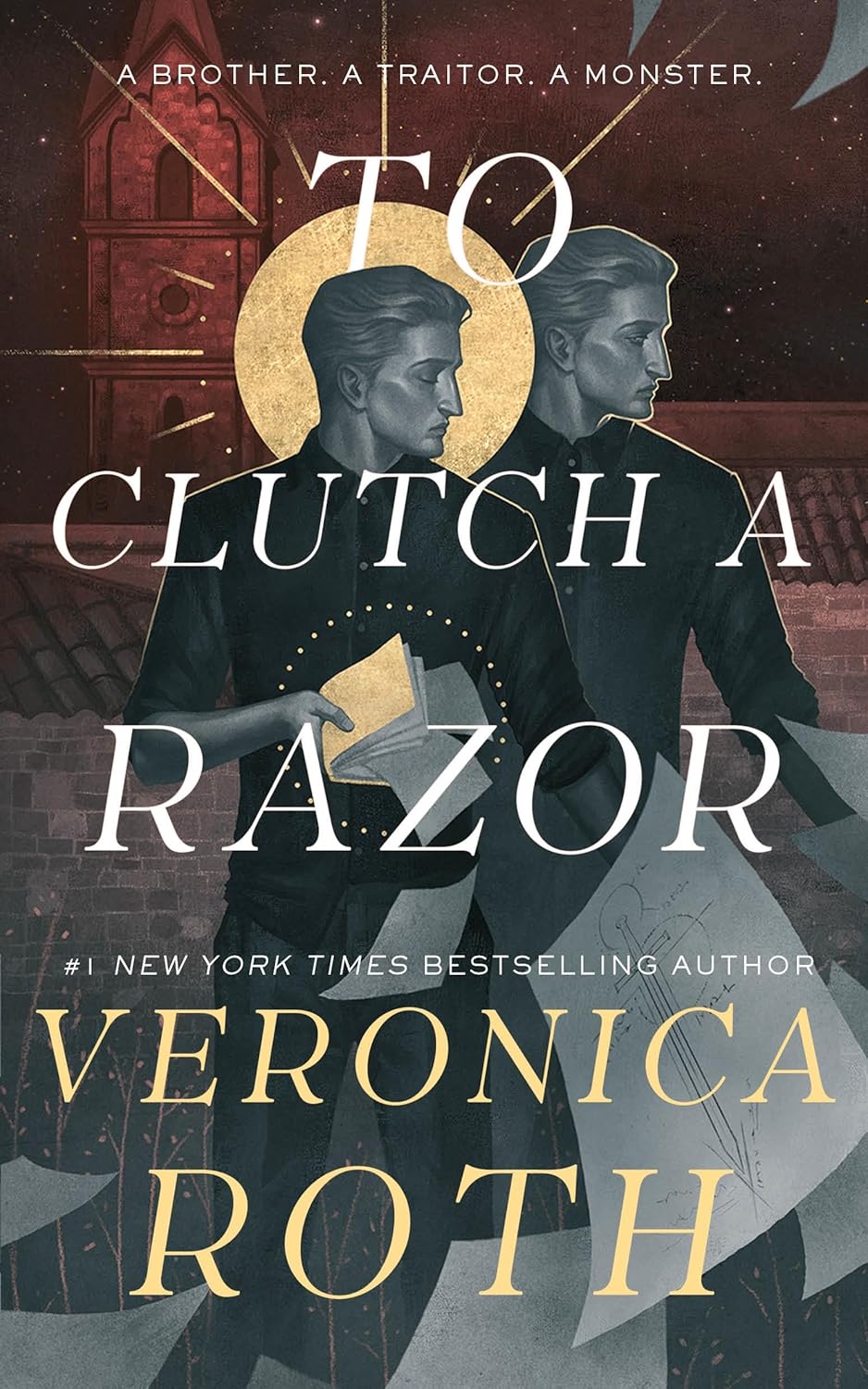 Book cover of 'To Clutch a Razor' by Veronica Roth with two figures and a gold emblem.