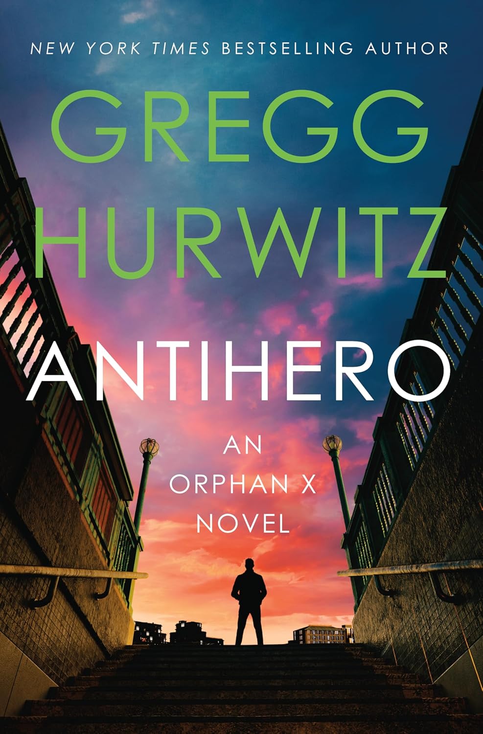 Book cover of 'Antihero' by Gregg Hurwitz with a silhouette and sunset background.