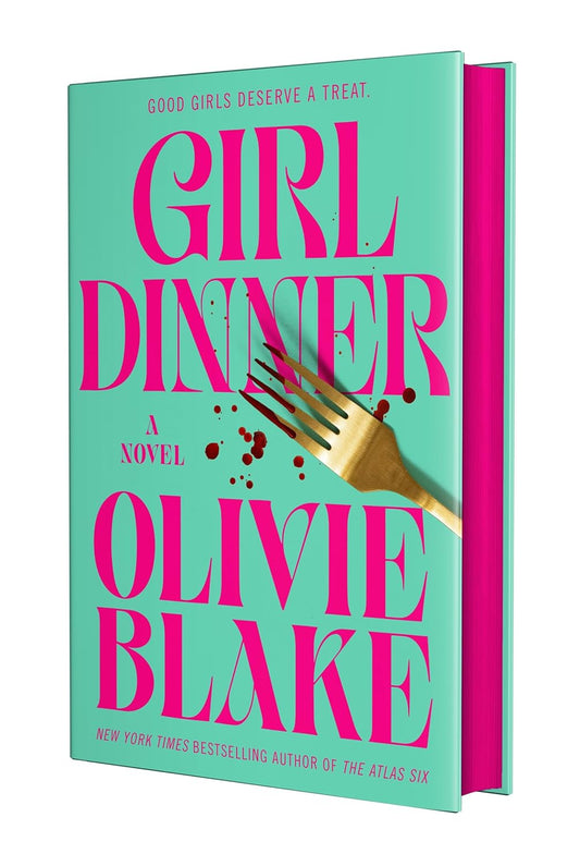 Book cover of 'Girl Dinner' by Olivie Blake with a fork graphic on a white background