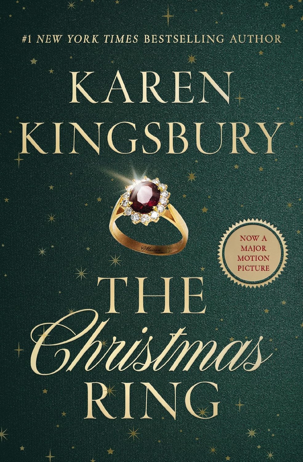 Book cover of 'The Christmas Ring' by Karen Kingsbury with a gold ring and starry background.