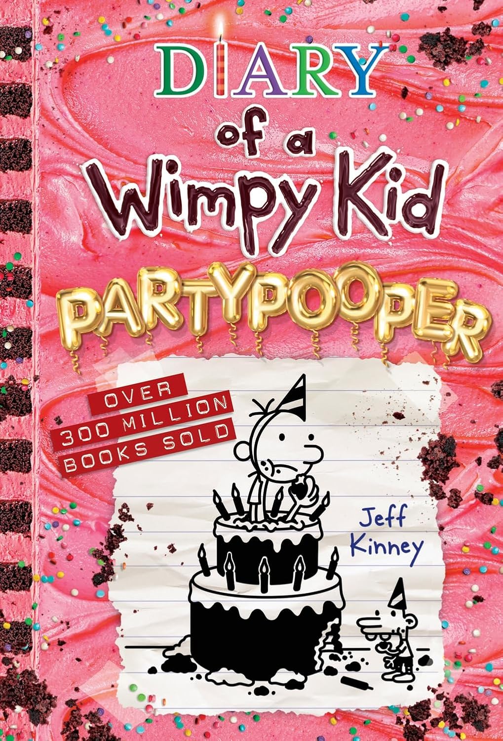 Book cover of 'Diary of a Wimpy Kid: Partypooper' with a pink background and birthday cake illustration.