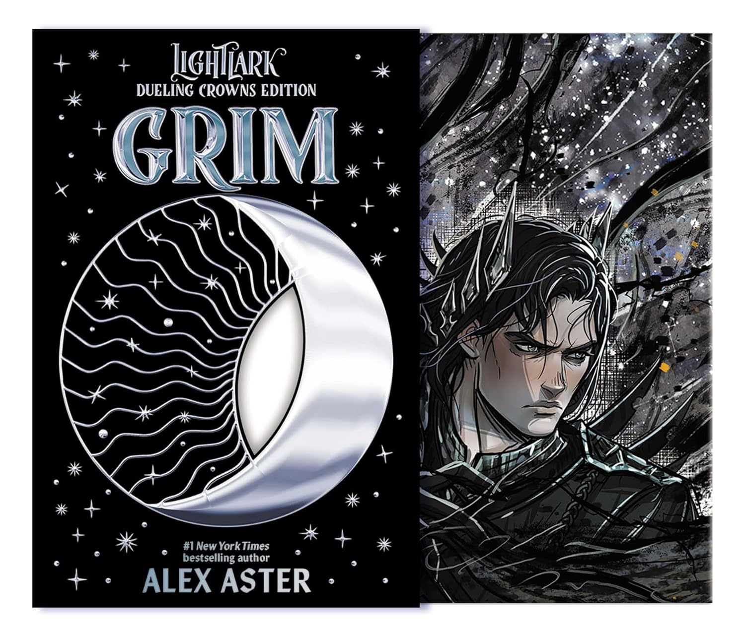 Book cover of 'Grim' by Alex Aster with a stylized illustration of a character and moon design.