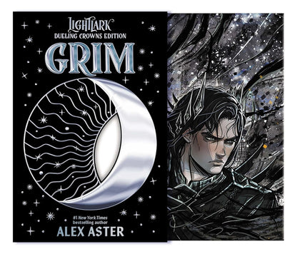 Book cover of 'Grim' by Alex Aster with a stylized illustration of a character and moon design.