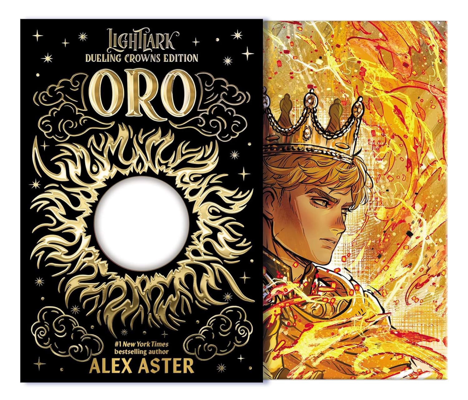 Book cover of 'Oro' by Alex Aster with a stylized illustration of a character and fiery design.