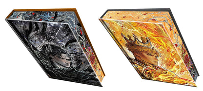 Two hexagonal boxes with artistic designs on a white background