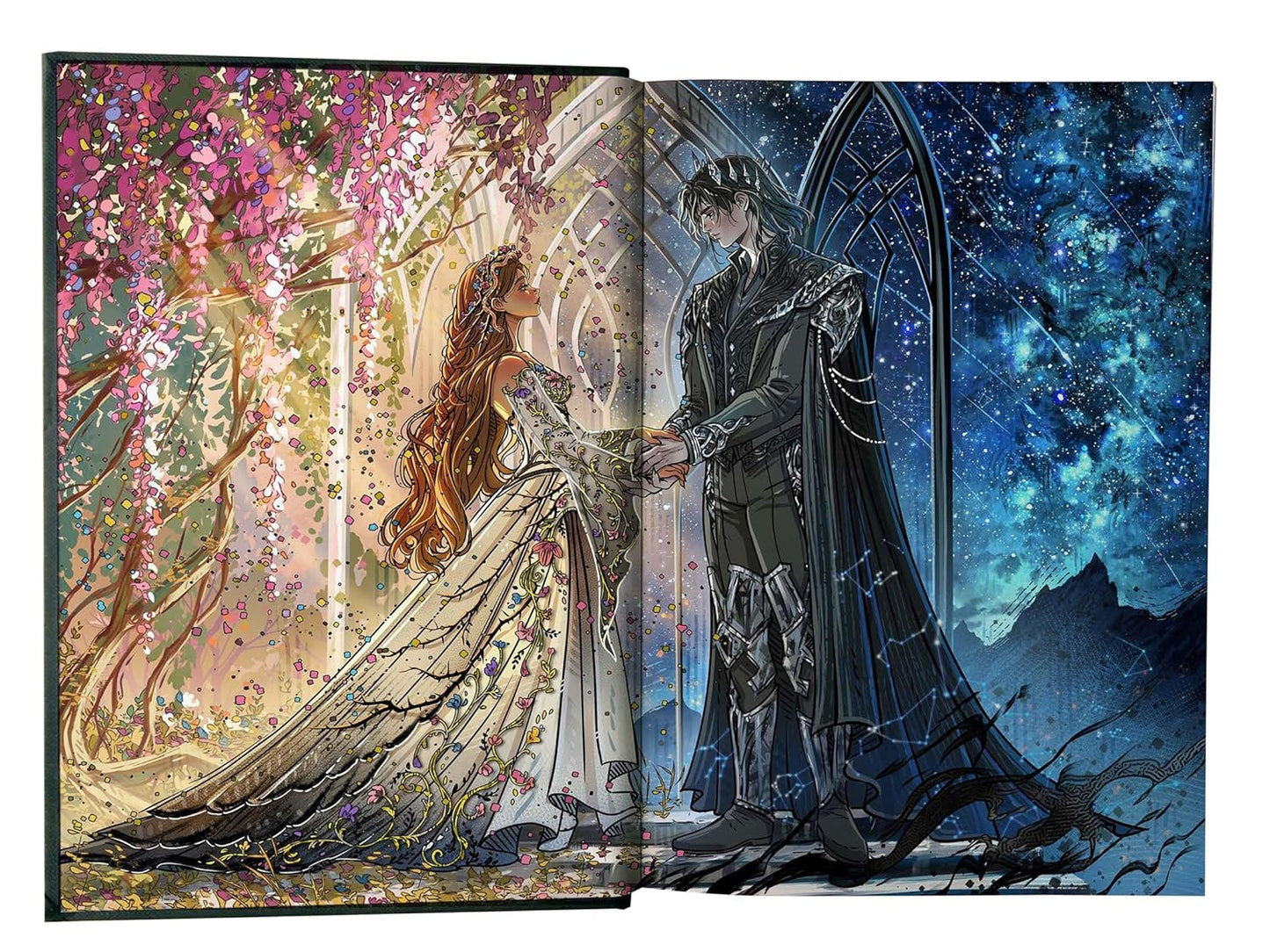 Illustration of a couple standing under a floral arch with a cosmic background