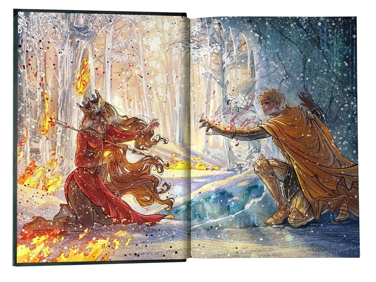 Illustrated book open to two pages showing a fiery creature and a armored figure in a snowy landscape.