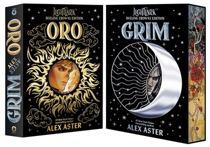 Two books with intricate designs, one with a sun motif and the other with a moon motif, both featuring gold accents on black backgrounds, part of the 'Dueling Crowns Edition' of the Lightlark Saga series.