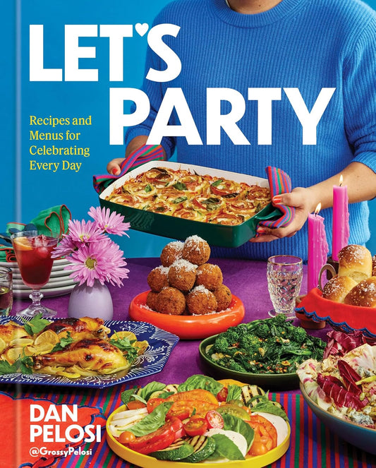 Book cover of 'Let's Party' with a person holding a dish and various food items on a table.