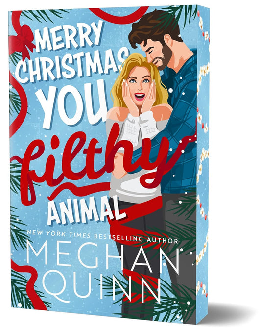 Book cover of 'Merry Christmas You Filthy Animal' by Meghan Quinn with a couple embracing and festive design.
