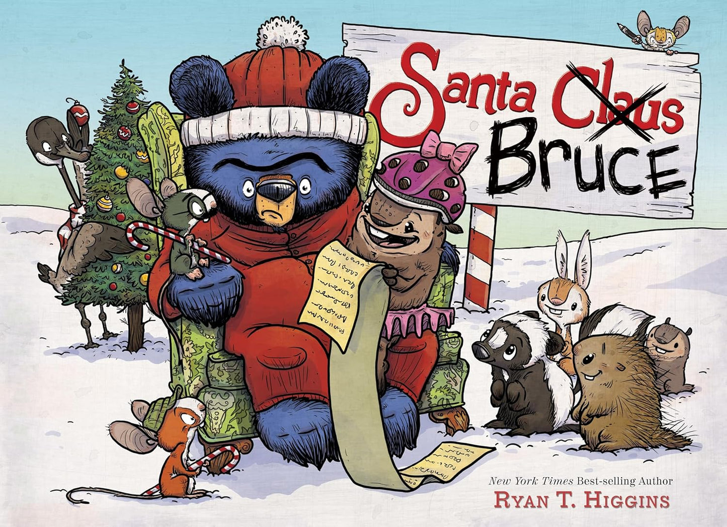 Illustrated book cover of 'Santa Claus Bruce' with a bear character and various animals in a snowy scene.