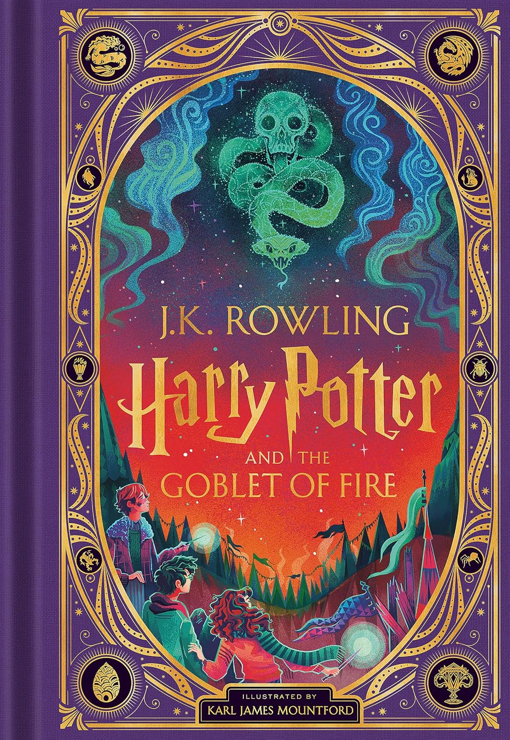 Book cover of 'Harry Potter and the Goblet of Fire' with colorful design and snake illustration.