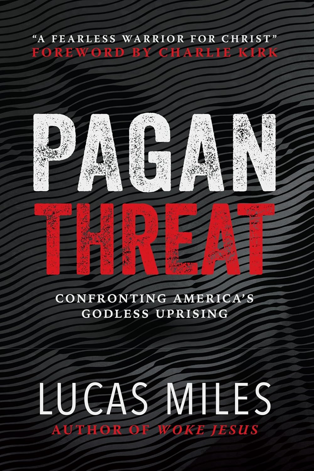 Book cover of 'Pagan Threat' by Lucas Miles with a black and gray wavy design.