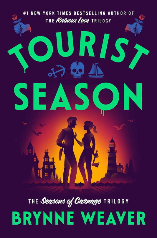 Book cover of 'Tourist Season' by Brynne Weaver with a silhouette of a man and woman, a lighthouse, and buildings on a dark background.