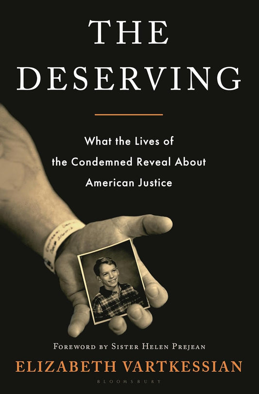 Book cover of 'The Deserving' by Elizabeth Vartkessian with a hand holding a photo against a black background.