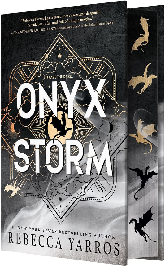Book cover of 'Onyx Storm' with dragon illustrations on a dark background
