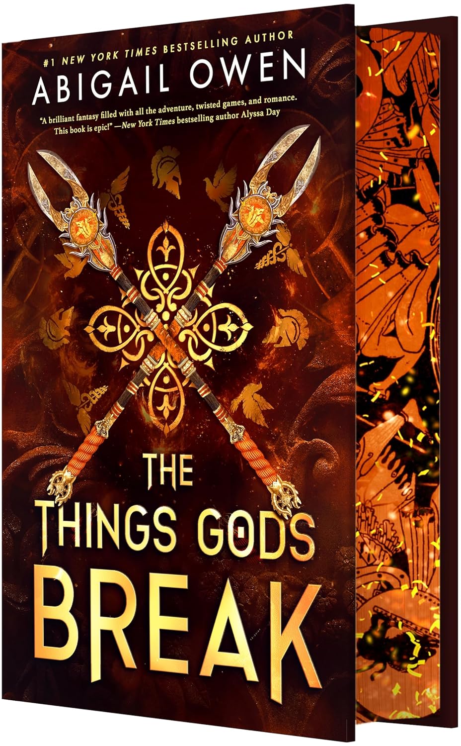 Book cover of 'The Things Gods Break' by Abigail Owen with crossed swords and flames design.