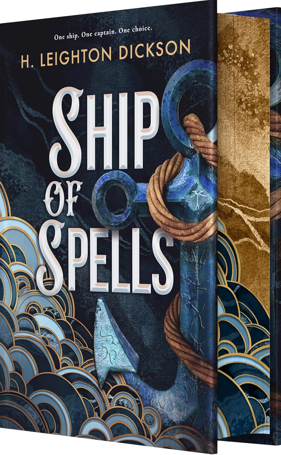 Book titled 'Ship of Spells' by H. Leighton Dickson with an anchor illustration on a blue and gold background.