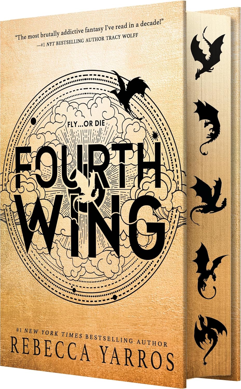 Book cover of 'Fourth Wing' with dragon illustrations and wooden texture