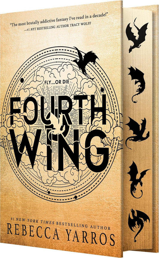 Book cover of 'Fourth Wing' with dragon illustrations and wooden texture