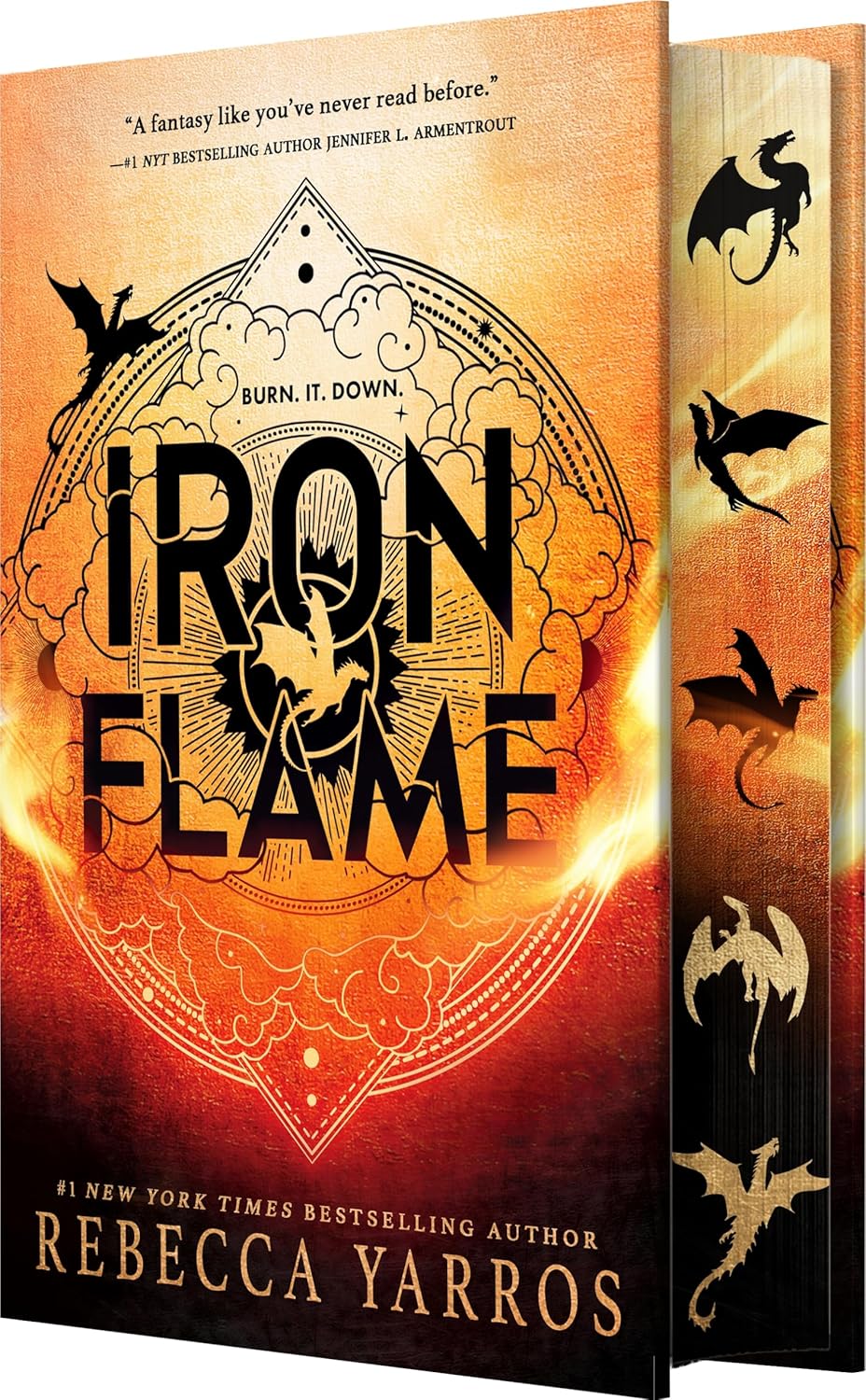 Book cover of 'Iron Flame' by Rebecca Yarros with fiery design and dragon illustrations.