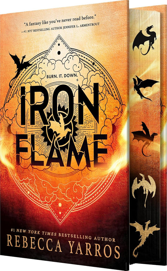 Book cover of 'Iron Flame' by Rebecca Yarros with fiery design and dragon illustrations.