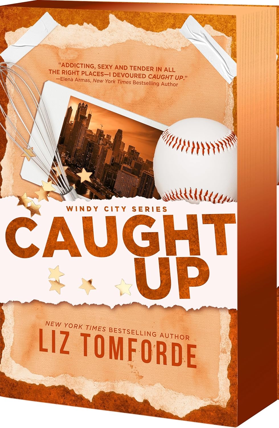 Book cover of 'Caught Up' from the Windy City Series by Liz Tomforde, featuring a baseball and cityscape.