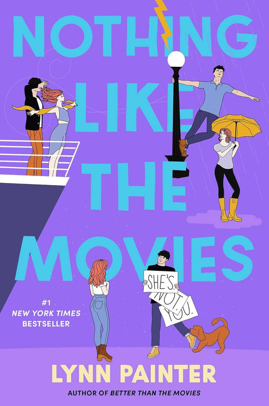 Book cover of 'Nothing Like the Movies' by Lynn Painter with illustrated characters on a purple background.