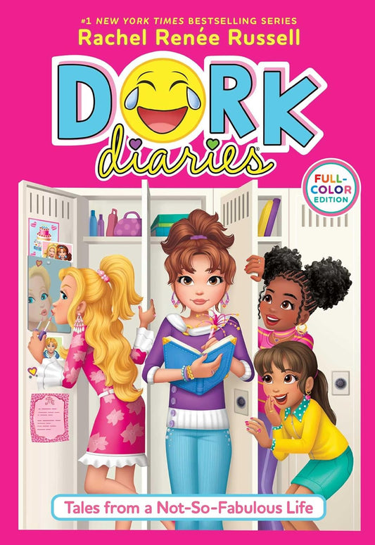 Book cover of 'Dork Diaries' with four girls around a locker on a pink background