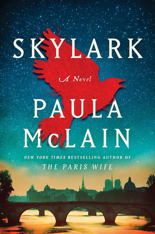 Book cover of 'Skylark' by Paula McLain with a red silhouette of a bird and city skyline.