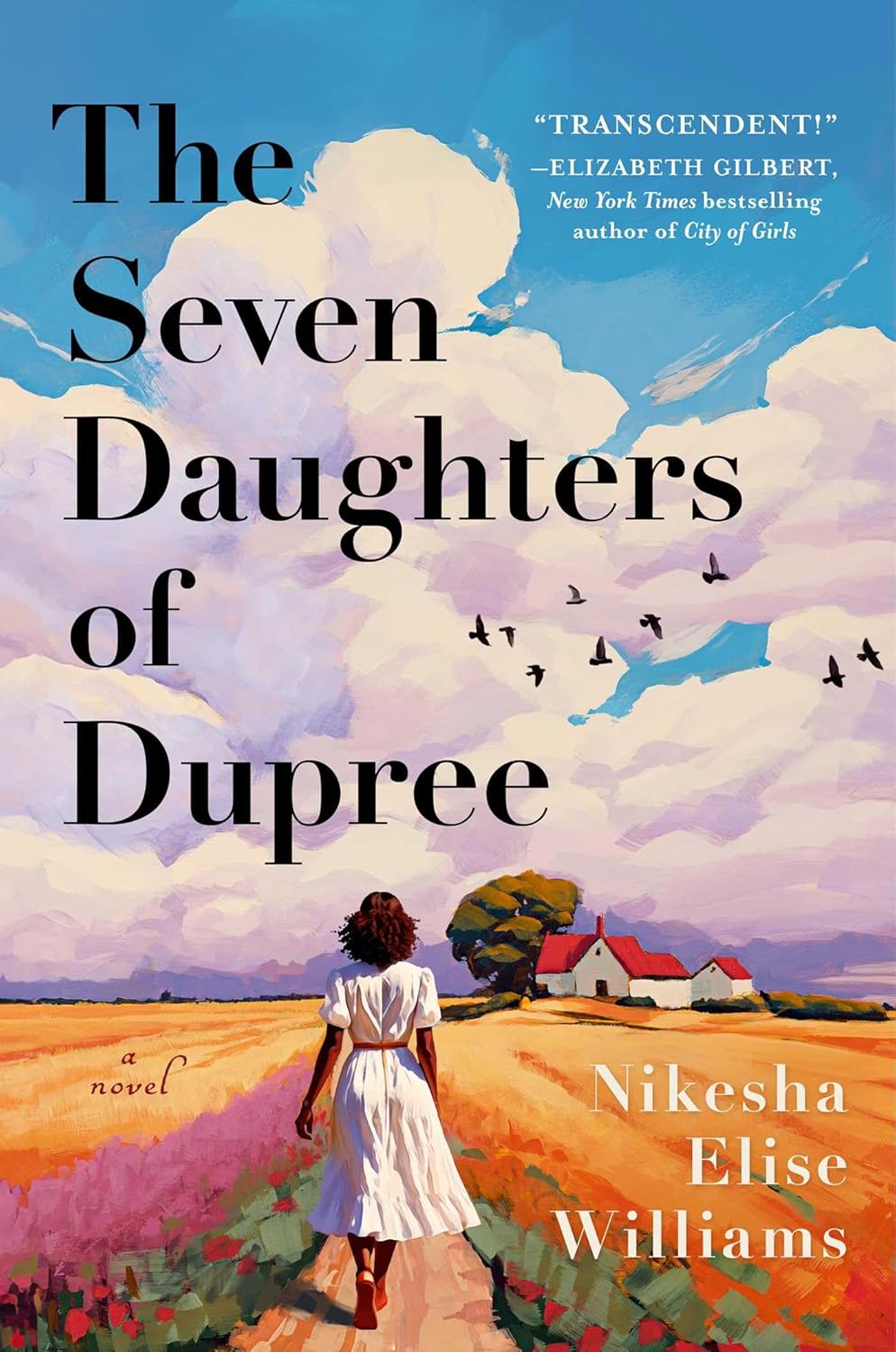 Book cover of 'The Seven Daughters of Dupree' with a woman in a dress walking on a path in a field.