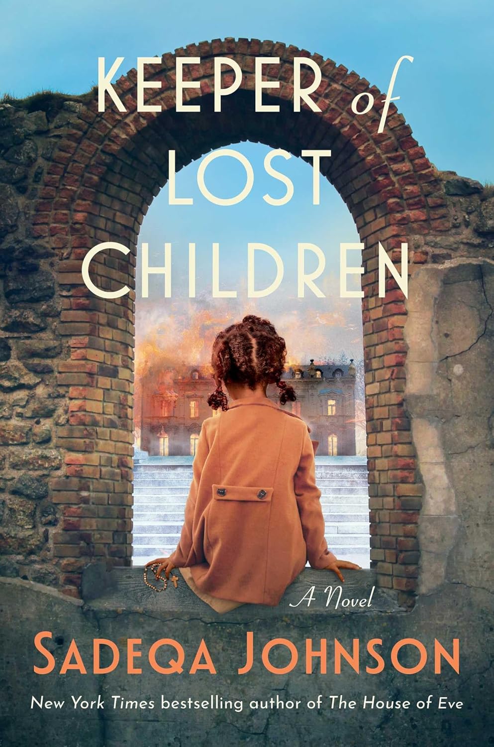 Book cover of 'Keeper of Lost Children' by Sadeqa Johnson with a girl sitting in an archway.
