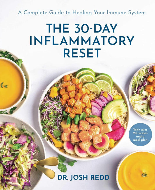 Book cover of 'The 30-Day Inflammatory Reset' with images of healthy meals.