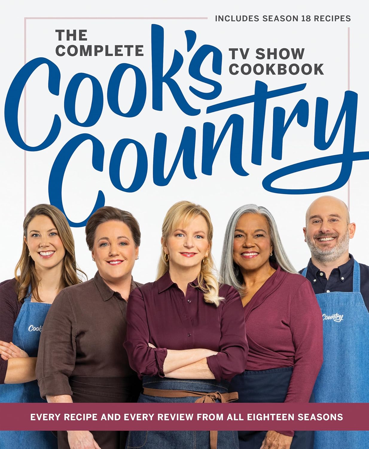 Cook's Country TV show cookbook cover with four people and blue text