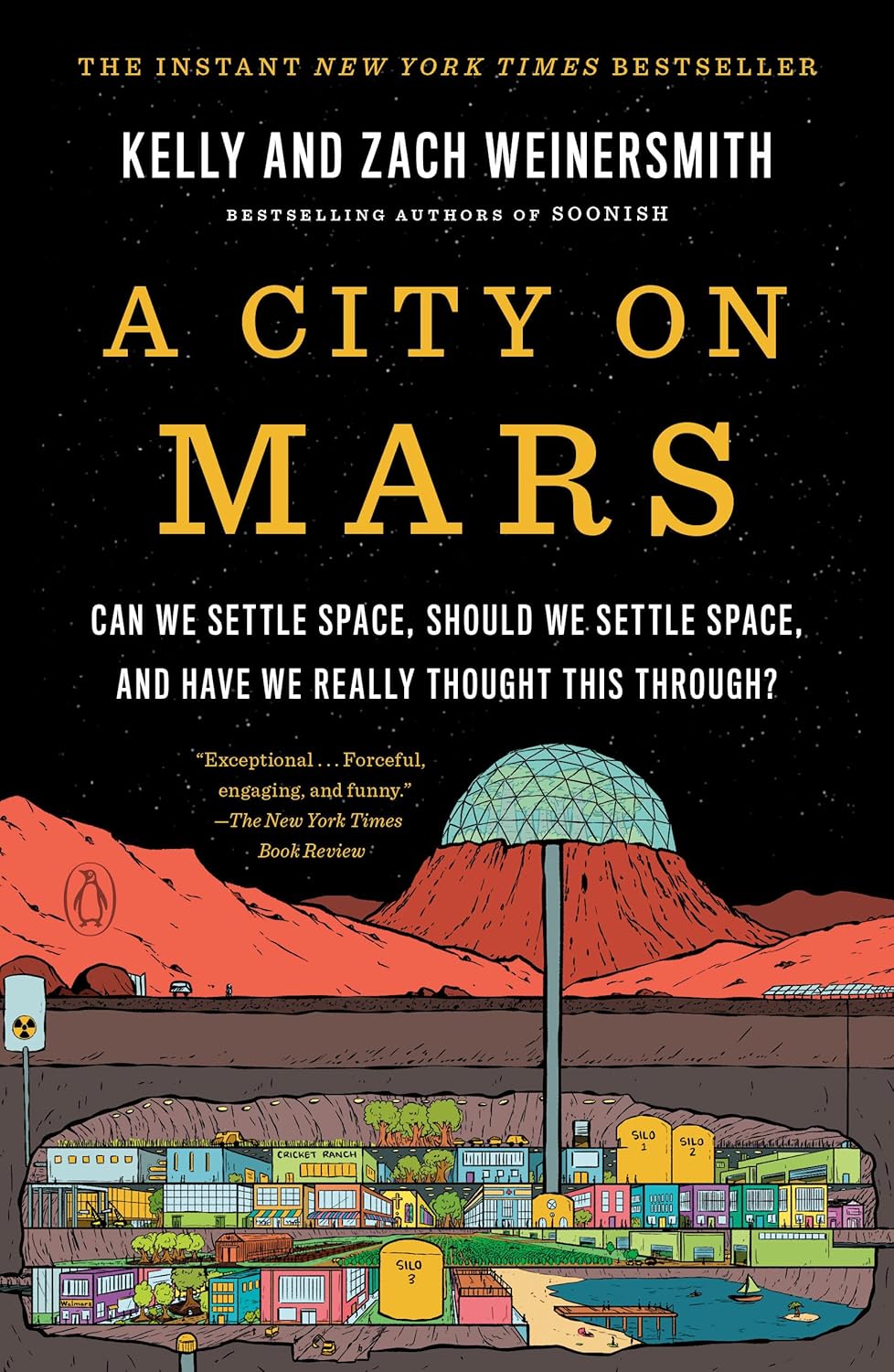 The cover of the book 'A City on Mars' features a stylized illustration of a Martian cityscape with a large, domed structure in the foreground and a series of smaller, connected structures extending into the background. The color palette is primarily red and orange, with shades of purple and yellow, reflecting a warm, arid climate.