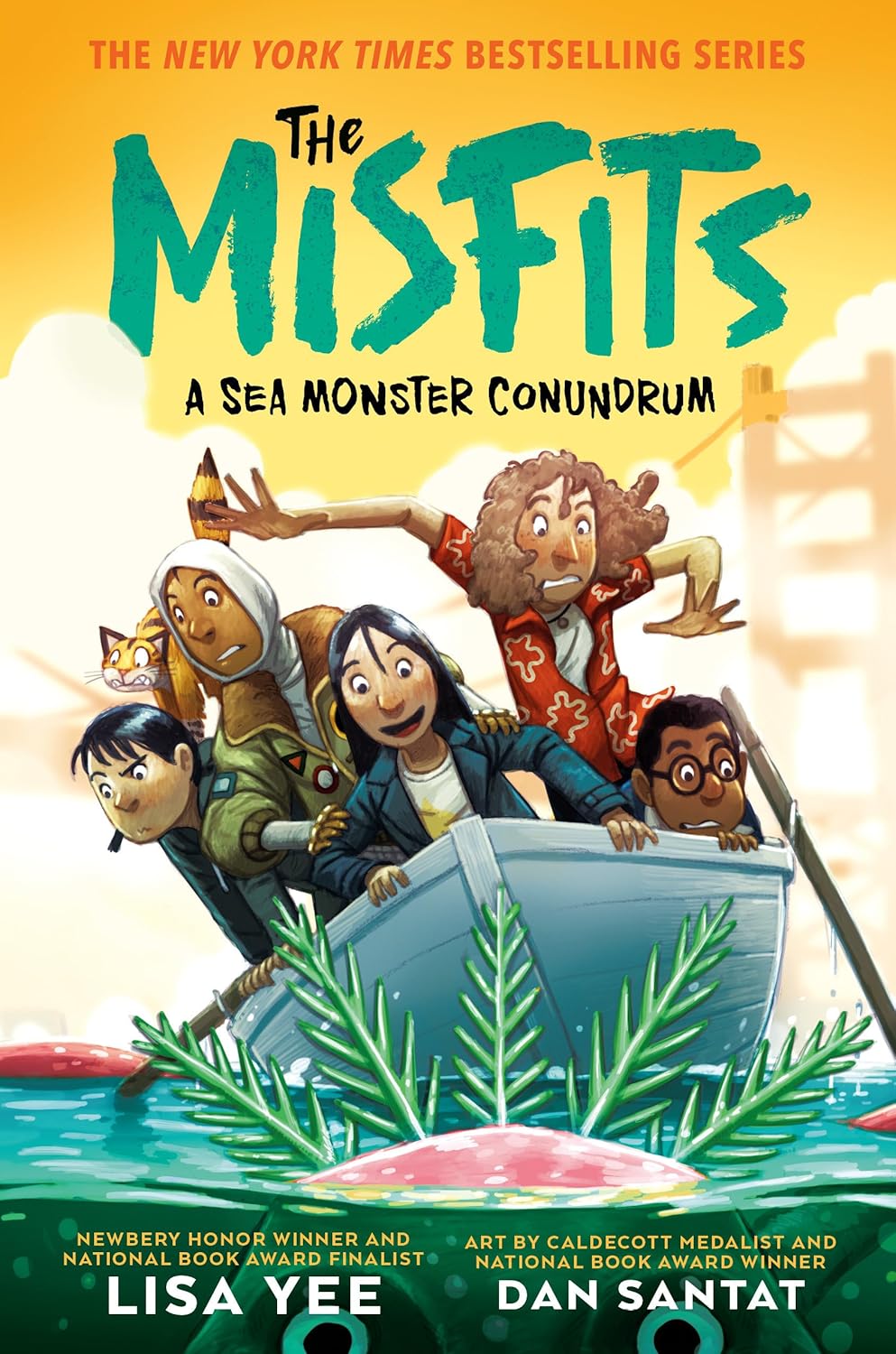 Book cover of 'The Misfits: A Sea Monster Conundrum' with characters in a boat and sea monster.