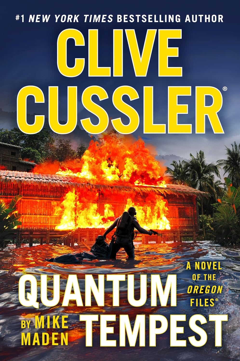 Book cover of 'Quantum Tempest' by Clive Cussler and Mike Maden with a scene of a burning building and people in water.