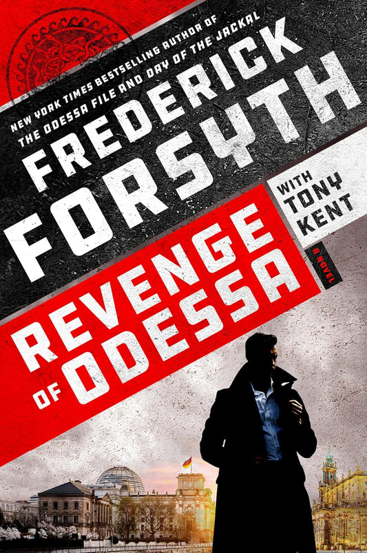 Book cover of 'Revenge of Odessa' by Frederick Forsyth with a silhouette of a person against a cityscape.