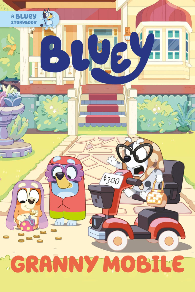 Cover of 'Bluey' book titled 'Granny Mobile' with cartoon characters in front of a house.