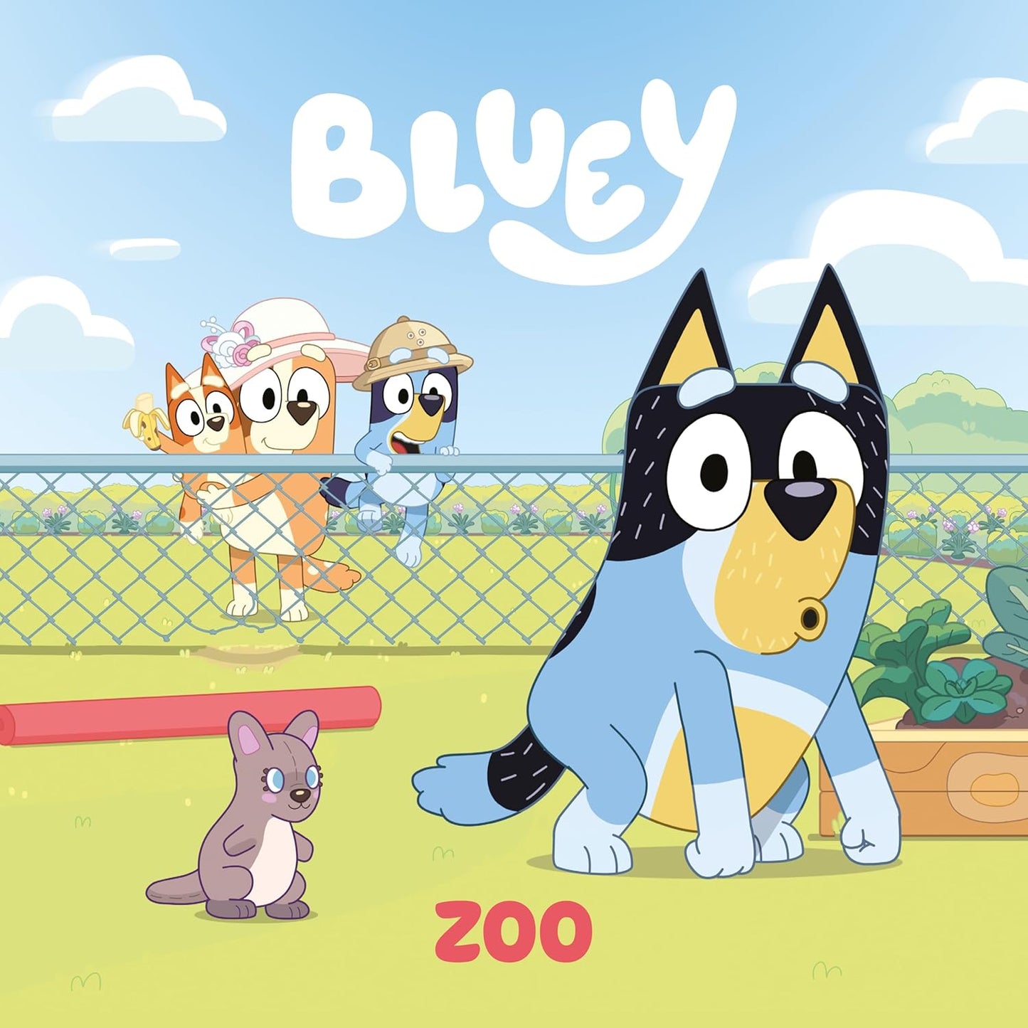 Cartoon dog and animals in a zoo setting with 'Bluey' branding.